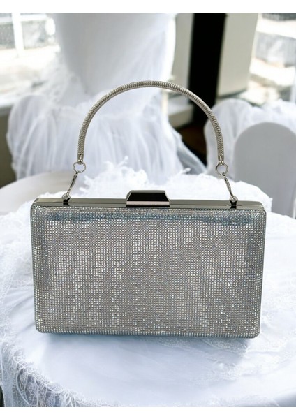 Gümüş Gri Lame Janjan Renk Kristal Taşlı Metal Saplı Abiye Çanta Düğün Nişan Kına Mezuniyet fiyatları