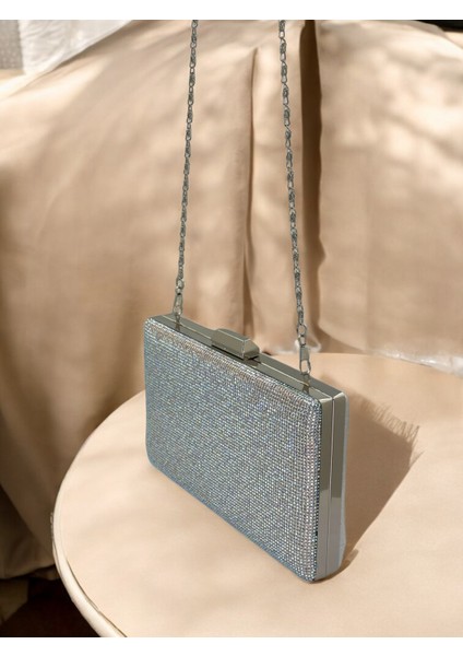 Gümüş Gri Lame Janjan Renk Kristal Taşlı Metal Saplı Abiye Çanta Düğün Nişan Kına Mezuniyet indirimleri