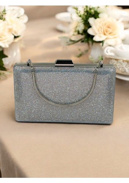 Gümüş Gri Lame Janjan Renk Kristal Taşlı Metal Saplı Abiye Çanta Düğün Nişan Kına Mezuniyet