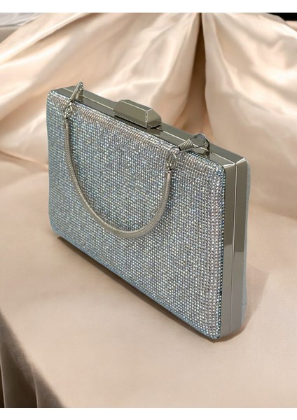 Gümüş Gri Lame Janjan Renk Kristal Taşlı Metal Saplı Abiye Çanta Düğün Nişan Kına Mezuniyet