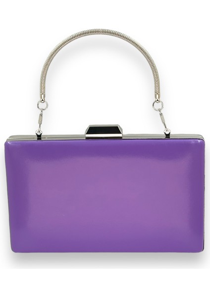 Mor Renk Cilt Deri Mat Deri Metal Saplı Abiye Çanta Gece Çantası Düğün Nişan Kına
