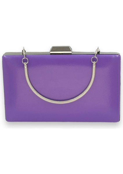 Mor Renk Cilt Deri Mat Deri Metal Saplı Abiye Çanta Gece Çantası Düğün Nişan Kına
