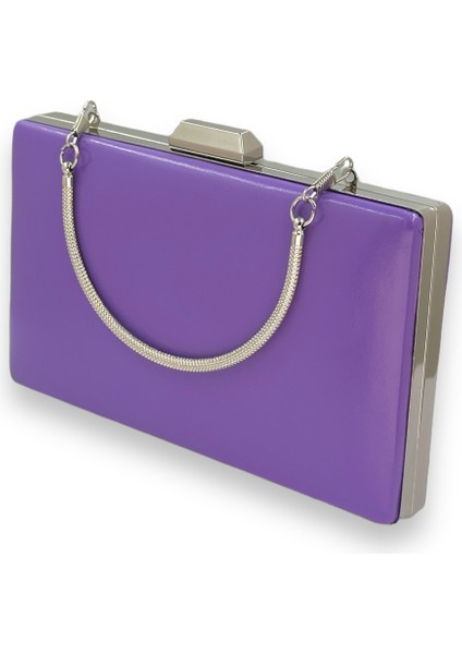 Mor Renk Cilt Deri Mat Deri Metal Saplı Abiye Çanta Gece Çantası Düğün Nişan Kına