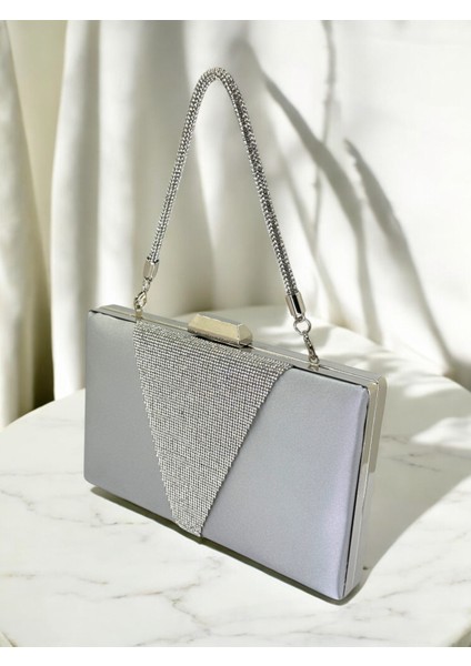 Gri Renk Saten Gümüş Renk Kristal Taşlı Saplı Kadın Abiye Çanta Düğün Mezuniyet Nişan