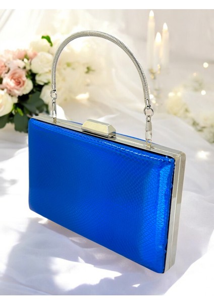 Saks Mavi Renk Balıksırtı Desenli Metal Saplı Parlak Rugan Deri Kadın Abiye Çanta Düğün Nişan