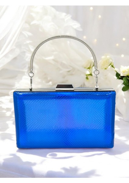 Saks Mavi Renk Balıksırtı Desenli Metal Saplı Parlak Rugan Deri Kadın Abiye Çanta Düğün Nişan fiyatları