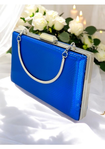 Saks Mavi Renk Balıksırtı Desenli Metal Saplı Parlak Rugan Deri Kadın Abiye Çanta Düğün Nişan