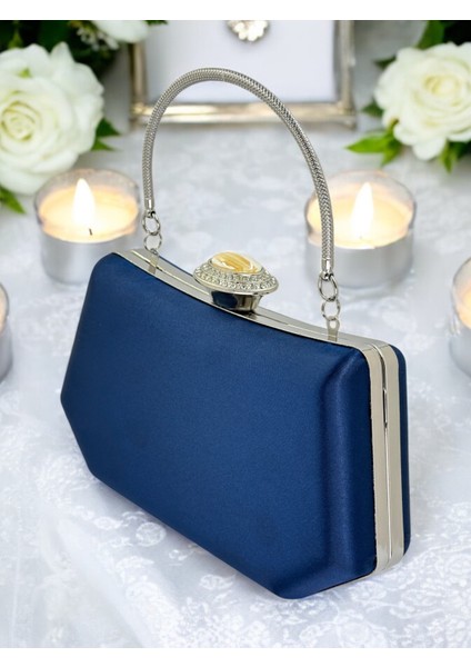 Lacivert Renk Gümüş Kristal Taşlı Zarif Tasarım Metal Saplı Abiye Çantası