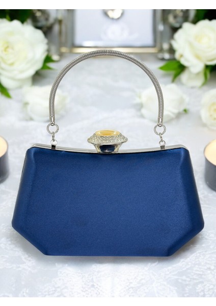 Lacivert Renk Gümüş Kristal Taşlı Zarif Tasarım Metal Saplı Abiye Çantası fiyatları