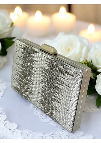 Özel Tasarım Gümüş Platin Renk Metal Saplı Kristal Taşlı Abiye Çanta Düğün Nişan Kına Mezuniyet