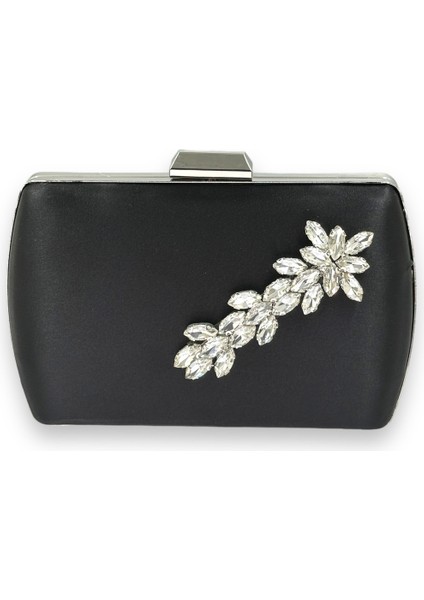 Siyah Renk Saten Kristal Gümüş Taşlı Metal Kasalı Abiye Çanta Gece Çantası