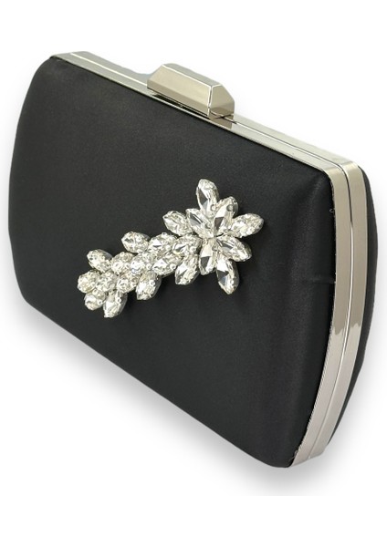 Siyah Renk Saten Kristal Gümüş Taşlı Metal Kasalı Abiye Çanta Gece Çantası fiyatları