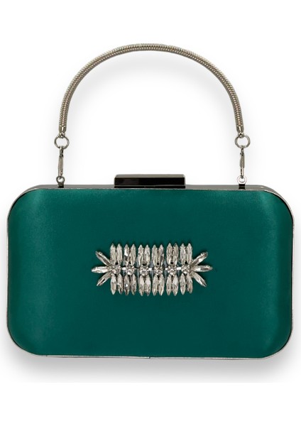 Yeşil Renk Saten Gümüş Kasalı Gümüş Taşlı Kulplu Saplı Abiye Gece Çantası Düğün Portföy