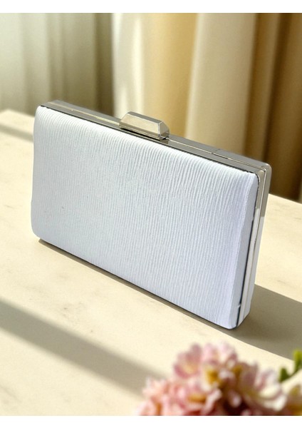 Gümüş Gri Renk Suyolu Desenli Saten Kadın Abiye Çanta Düğün Nişan Mezuniyet