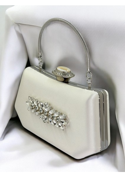 Sedef Ekru Renk Gümüş Kristal Taşlı Zarif Tasarım Metal Saplı Abiye Çantası