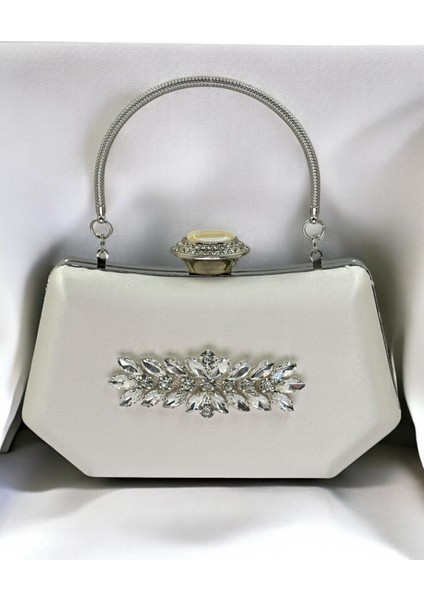 Sedef Ekru Renk Gümüş Kristal Taşlı Zarif Tasarım Metal Saplı Abiye Çantası fiyatları