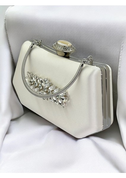 Sedef Ekru Renk Gümüş Kristal Taşlı Zarif Tasarım Metal Saplı Abiye Çantası fırsatları