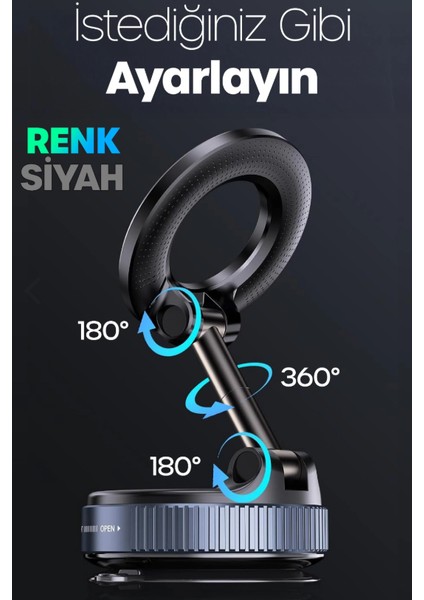 Magnetpro 360° Ayarlanabilir Vakumlu Mıknatıslı Magsafe Araç Içi ve Masa Üstü Telefon Tutucu Siyah fiyatları