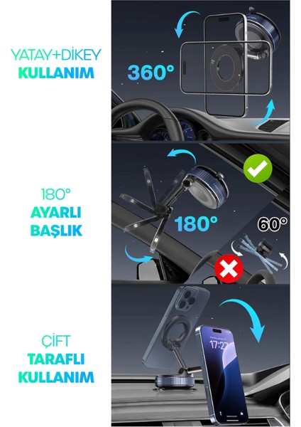 Magnetpro 360° Ayarlanabilir Vakumlu Mıknatıslı Magsafe Araç Içi ve Masa Üstü Telefon Tutucu Siyah modelleri
