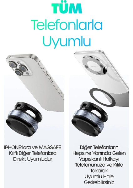 Magnetpro 360° Ayarlanabilir Vakumlu Mıknatıslı Magsafe Araç Içi ve Masa Üstü Telefon Tutucu Siyah