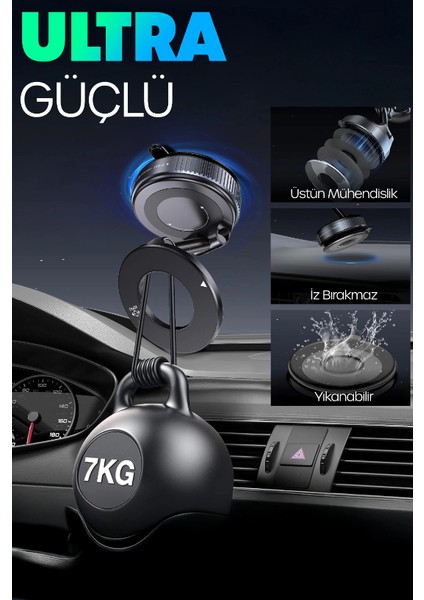 Magnetpro 360° Ayarlanabilir Vakumlu Mıknatıslı Magsafe Araç Içi ve Masa Üstü Telefon Tutucu Siyah