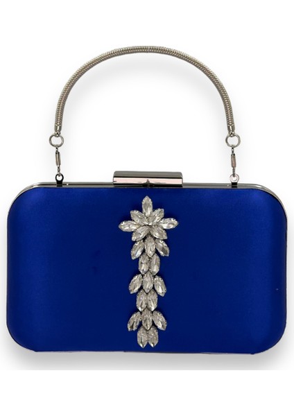Saks Mavi Renk Saten Gümüş Kasalı Gümüş Taşlı Kulplu Saplı Abiye Gece Çantası Düğün Portföy