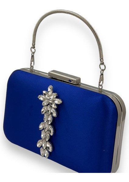Saks Mavi Renk Saten Gümüş Kasalı Gümüş Taşlı Kulplu Saplı Abiye Gece Çantası Düğün Portföy fiyatları