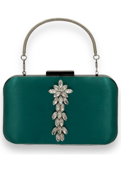 Yeşil Renk Saten Gümüş Kasalı Gümüş Taşlı Kulplu Saplı Abiye Gece Çantası Düğün Portföy