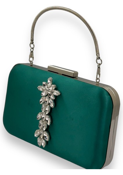 Yeşil Renk Saten Gümüş Kasalı Gümüş Taşlı Kulplu Saplı Abiye Gece Çantası Düğün Portföy fiyatları