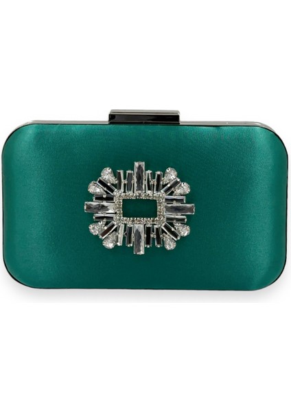 Yeşil Renk Saten Gümüş Kasalı Gümüş Taşlı Abiye Çanta Gece Çantası Düğün Nişan Portföy