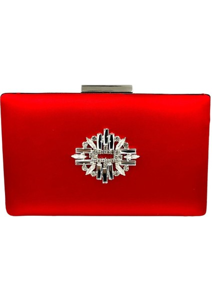 Kırmızı Renk Saten Gümüş Kasalı Gümüş Taşlı Abiye Çanta Gece Çantası Düğün Nişan Portföy