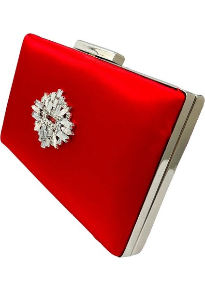 Kırmızı Renk Saten Gümüş Kasalı Gümüş Taşlı Abiye Çanta Gece Çantası Düğün Nişan Portföy fiyatları