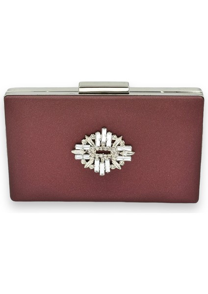 Bordo Rengi Çizilmeyen Saten Gümüş Taşlı Abiye Çanta Düğün Nişan Çantası