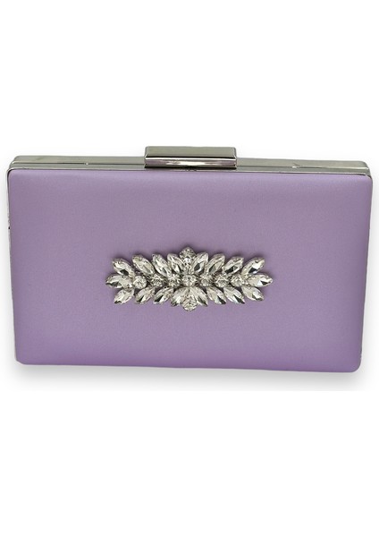 Lila Renk Çizilmeyen Saten Gümüş Taşlı Abiye Çanta Düğün Nişan Çantası