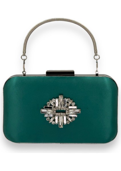 Yeşil Renk Saten Gümüş Kasalı Gümüş Taşlı Kulplu Saplı Abiye Gece Çantası Düğün Portföy