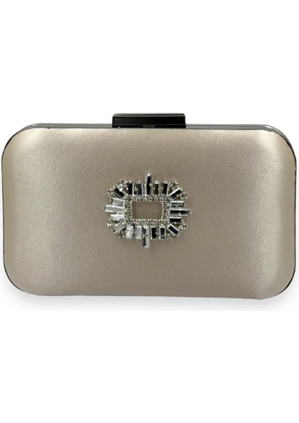 Ten Nude Renk Saten Gümüş Kasalı Gümüş Taşlı Abiye Çanta Gece Çantası Düğün Nişan Portföy