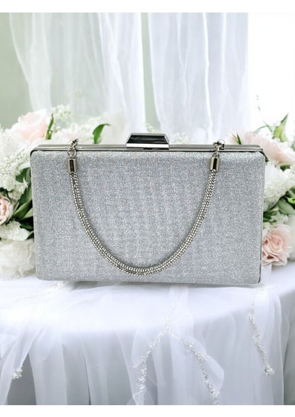 Gümüş Gri Lame Renk Taş Sim Dökülmeyen Sim Kadın Abiye Çanta Düğün Nişan Mezuniyet