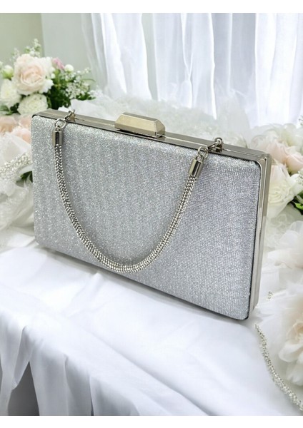 Gümüş Gri Lame Renk Taş Sim Dökülmeyen Sim Kadın Abiye Çanta Düğün Nişan Mezuniyet