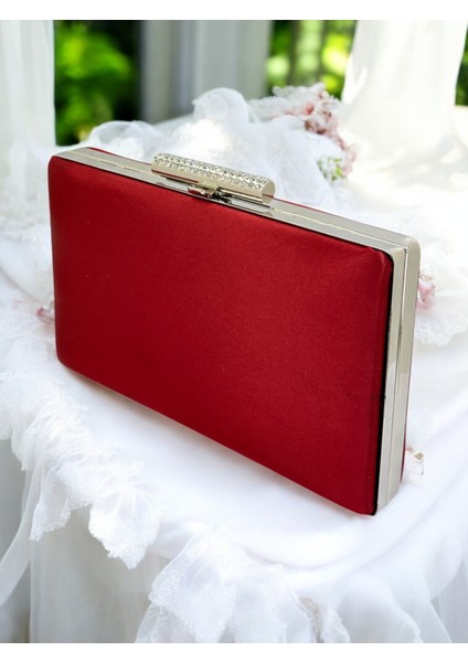 Bordo Kristal Taşlı Saten Kadın Gece Çantası Abiye Çanta Düğün Nişan Mezuniyet