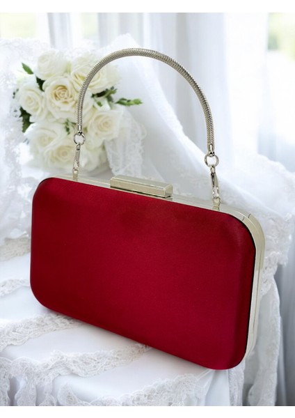 Bordo Kristal Taşlı Metal Saplı Saten Kadın Gece Çantası Abiye Çanta Düğün Nişan Mezuniyet