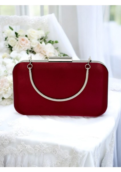 Bordo Kristal Taşlı Metal Saplı Saten Kadın Gece Çantası Abiye Çanta Düğün Nişan Mezuniyet