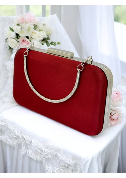 Bordo Kristal Taşlı Metal Saplı Saten Kadın Gece Çantası Abiye Çanta Düğün Nişan Mezuniyet