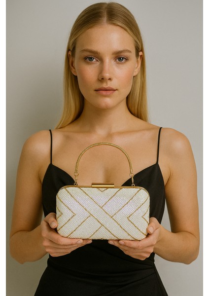 Sedef Ekru Porselen Inci Taşlı Kadın Abiye Çanta Düğün Nişan Mezuniyet