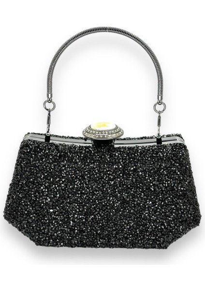 Siyah Renk Taşlı Incili Metal Kulplu Abiye Çanta Gece Çantası Nişan Düğün Gelin Çantası