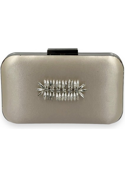 Ten Nude Renk Saten Gümüş Kasalı Gümüş Taşlı Abiye Çanta Gece Çantası Düğün Nişan Portföy