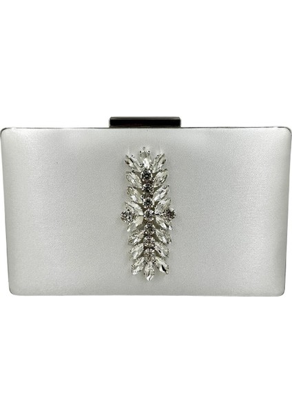 Sedef Ekru Renk Saten Gümüş Kasalı Gümüş Taşlı Abiye Çanta Gece Çantası Düğün Nişan Portföy