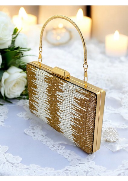 Özel Tasarım Çift Renk Altın Gümüş Metal Saplı Kristal Taşlı Abiye Çanta Düğün Nişan Kına Mezuniyet
