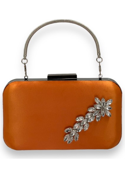 Turuncu Renk Saten Gümüş Kasalı Gümüş Taşlı Kulplu Saplı Abiye Gece Çantası Düğün Portföy