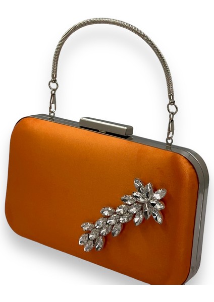 Turuncu Renk Saten Gümüş Kasalı Gümüş Taşlı Kulplu Saplı Abiye Gece Çantası Düğün Portföy fiyatları