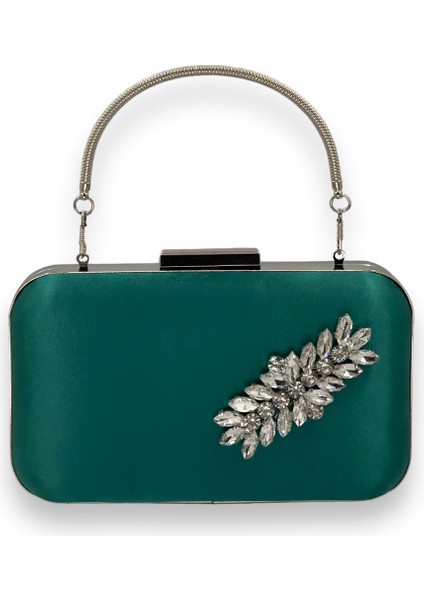 Yeşil Renk Saten Gümüş Kasalı Gümüş Taşlı Kulplu Saplı Abiye Gece Çantası Düğün Portföy